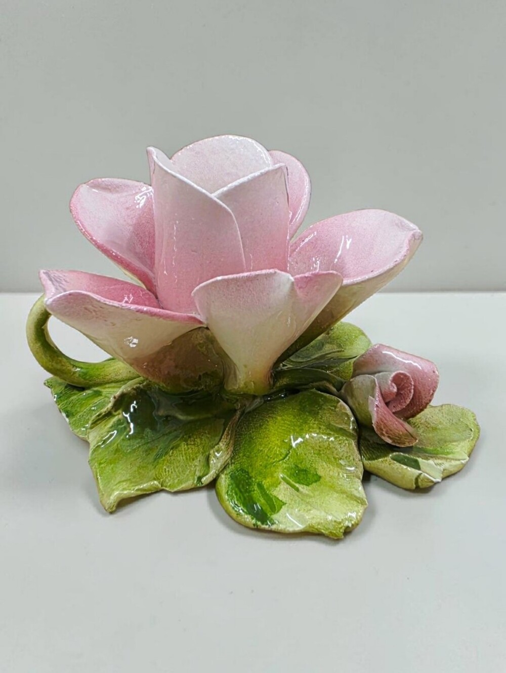 Capodimonte Pink Flower Candlestick Holder Signed Made In Italy